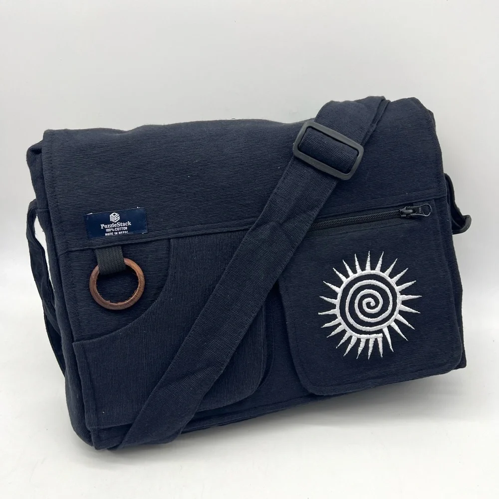 Black Cotton Laptop Messenger Bag with Swirl Embroidery